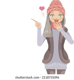 Smiling woman pointing hand with copy space for text and product. girl character fashion winter outfit.