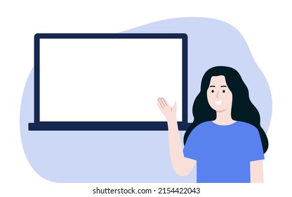 Smiling woman pointing to horizontal blank white board. Girl introducing with an empty banner for text. Business, education, presentation, learning concept. Flat vector character design illustration.