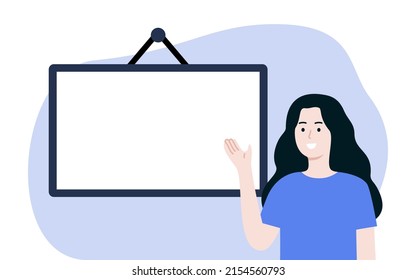 Smiling woman pointing to horizontal blank white board. Girl introducing with an empty banner for text. Business, education, presentation, learning concept. Flat vector character design illustration.