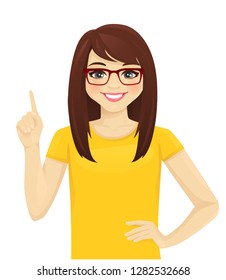 Smiling woman pointing up isolated vector illustration