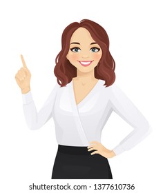 Smiling woman pointing up isolated vector illustration