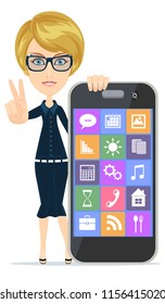 Smiling woman is pointing on smartphone standing on white background, with fingers raised as a sign of victory. Stock flat vector illustration.