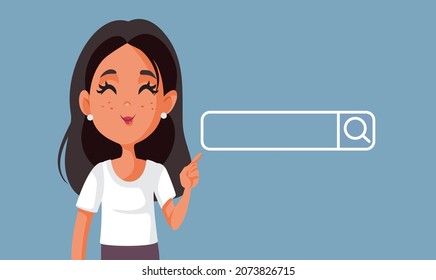 Smiling Woman Pointing to Search Bar Vector Cartoon. Happy lady browsing online business interface of searching
