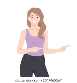 Smiling Woman Pointing to the Side. Flat vector illustration isolated on white background