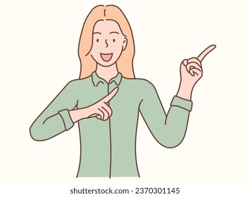 smiling woman pointing to the side with two hands vector illustration