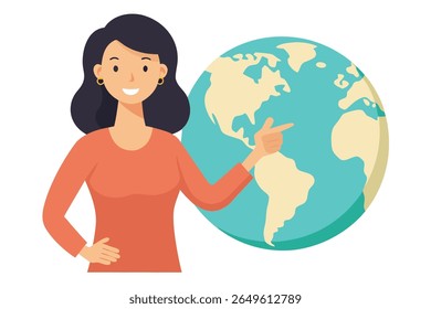 Smiling woman pointing at South America on a stylized globe; flat design, global business concept.