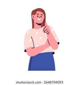 Mulher sorridente apontando para você com dedo, gesto de mão, escolhendo sinal. Feliz exibição feminina, convite e seleção. Amigável garota contratando. Ilustração de vetor plano isolada no plano de fundo branco