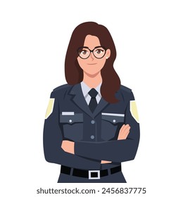 Smiling woman police officer in uniform standing with arms crossed. Flat vector illustration isolated on white background