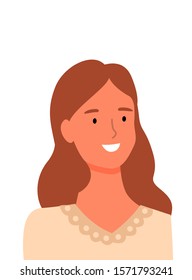 Smiling woman portrait view, attractive shop assistant, pretty smiling person. Vector confident girl, professional business worker, best manager ever