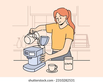 Smiling woman pour water in machine making coffee in device. Happy female prepare gadget for coffee making at home. Technology concept. Vector illustration. 