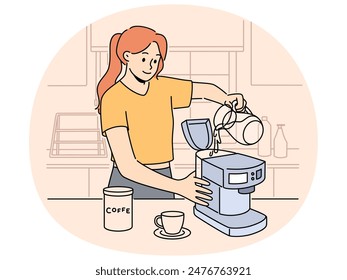 Smiling woman pour water in machine making coffee in device. Happy female prepare gadget for coffee making at home. Technology concept. Vector illustration.