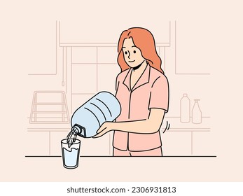 Smiling woman pouring water from bottle at home kitchen. Happy girl drinking clean bottled aqua feeling thirsty. Hydration and healthy life. Vector illustration. 