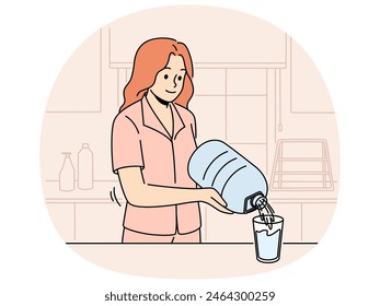 Smiling woman pouring water from bottle at home kitchen. Happy girl drinking clean bottled aqua feeling thirsty. Hydration and healthy life. Vector illustration.