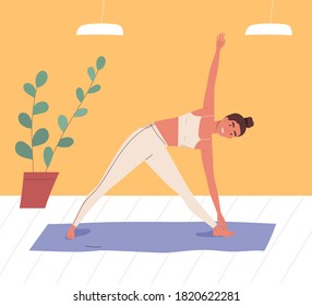 Smiling woman practicing body stretching at gym vector flat illustration. Female in sportswear doing yoga exercise on mat. Sportswoman during sports training. Active person enjoying aerobics