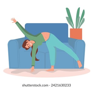 Smiling woman practicing body stretching at home vector flat illustration. Female in sportswear doing yoga exercise on mat. Sportswoman during sports training. Active person enjoying aerobics