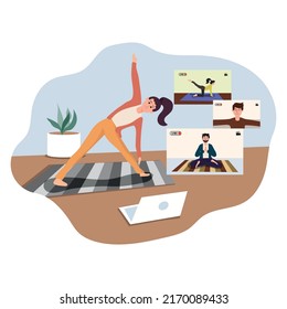 Smiling woman practicing online yoga classes at home flat vector illustration. Group of active women stretching on mat watching video class or live stream isolated. Sports girl doing exercises.