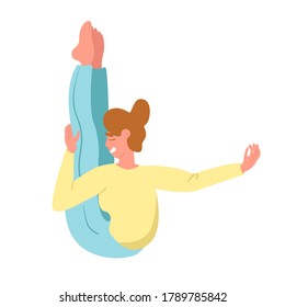 Smiling woman practicing yoga and meditation. Fitness healthy lifestyle. Flat girl character doing asanas, yoga poses. Woman sport activities. Stock vector illustration isolated on white background.