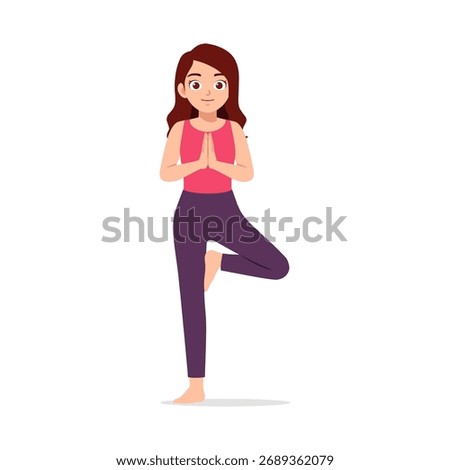 Smiling Woman Practicing Yoga in Tree Pose with Hands in Prayer Position Illustration