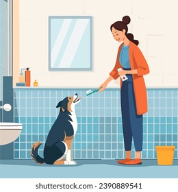 A smiling woman prepares to brush her dog's teeth by holding a toothbrush near the dog's face in the bathroom. Careful attitude to the hygiene of domestic animals and care for their health

