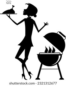 Smiling woman preparing meat on fire. 
Cheerfulness young woman frying meat duck or chicken on the grill. Black silhouette on white background
