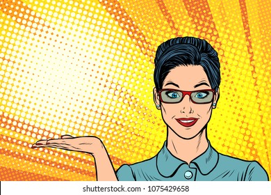smiling woman presentation gesture. Pop art retro vector illustration cartoon comics kitsch drawing