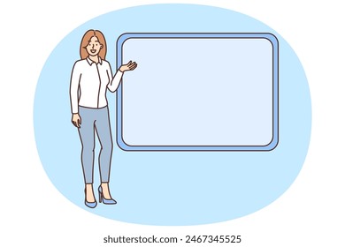 Smiling woman presenter or coach point at mockup board make presentation. Happy businesswoman present on white empty board. Copy space. Vector illustration.