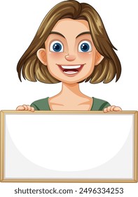 Smiling woman presenting an empty whiteboard