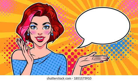 Smiling woman with presenting gesture, and empty speech bubble on bright background. Pop art vector illustration.	
