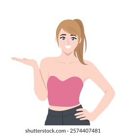 Smiling Woman Presenting with Hand Gesture. Flat vector Character Illustration