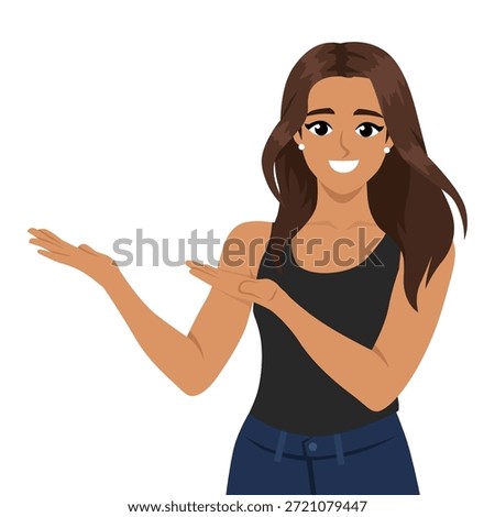 Smiling woman presenting or pointing to copy space with open hands. Flat Vector character illustration