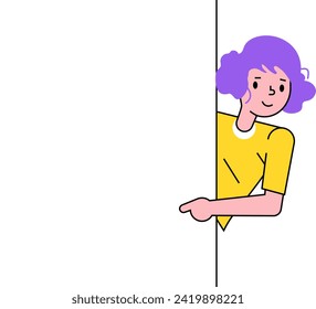 Smiling woman with purple hair peeking around corner, playful vector illustration. Cute character engagement, peekaboo, playful mood concept.