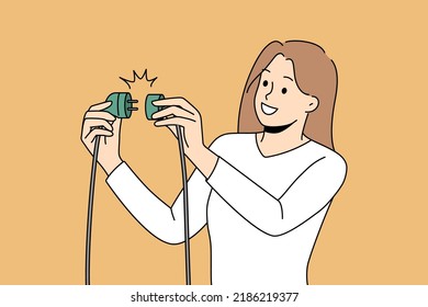 Smiling woman put electric plug into pocket. Concept of problem solution and effectiveness. Productivity and energy source. Vector illustration. 