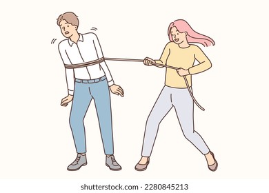 Smiling woman put rope on man drag him closer. Desperate female throw lasso on male lover, ask for love and affection. Vector illustration. 