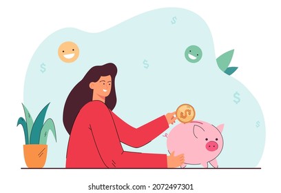 Mujer sonriente poniendo moneda de dólar en el banco de cerdos. Madre ahorrando dinero para ilustración vectorial plana familiar. Presupuesto familiar, ahorro, concepto de inversión para banner, diseño de sitio web o página web de inicio