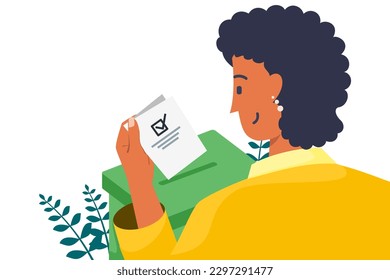 Smiling Woman Putting Vote Paper into Election Box for General Regional or Presidential Election in Africa Flat Illustration