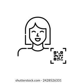 Smiling woman and qr-code next to her. Personal account access. Pixel perfect, editable stroke