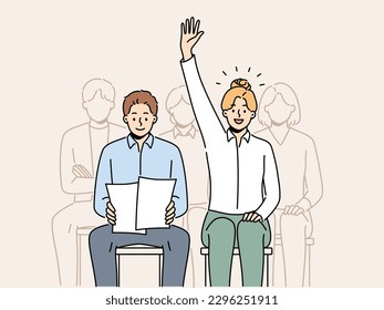 Smiling woman raise hand volunteer at team meeting in office. Confident female employee ask or answer question at seminar or conference. Vector illustration. 