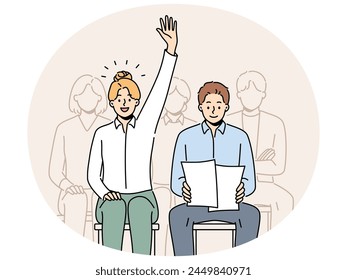 Smiling woman raise hand volunteer at team meeting in office. Confident female employee ask or answer question at seminar or conference. Vector illustration.