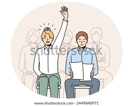 Smiling woman raise hand volunteer at team meeting in office. Confident female employee ask or answer question at seminar or conference. Vector illustration.