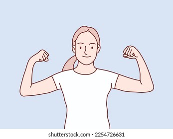 Smiling woman raising arm showing muscles stong pose simple korean style illustration