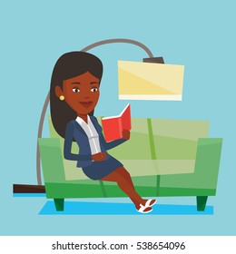 Smiling woman reading a book on a sofa. An african-american woman relaxing with a book on the couch at home. Woman sitting on a sofa and reading a book. Vector flat design illustration. Square layout.