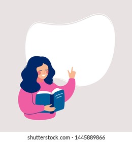 Smiling woman reading a book and points to a white background for text. Speech bubble above. Human character vector illustration.