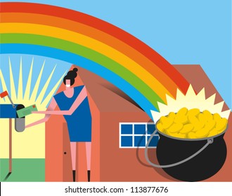 Smiling woman receives money in the mail while a pot of gold rests next to her house at the end of a rainbow