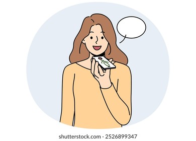 Mulher sorridente grava mensagem de voz no celular. Conversa feminina feliz com assistente de áudio digital no smartphone. Tecnologia e gravação. Ilustração vetorial.