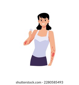 Smiling woman with red spots on hands holding tablet flat style, vector illustration isolated on white background. Atopic dermatitis, healthcare and medical treatment