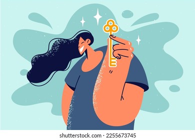 Smiling woman renter or tenant holding key in hands. Happy female celebrate moving or relocation to new own apartment or house. Ownership and real estate. Vector illustration. 