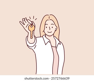 Smiling woman renter or tenant holding key in hands. Happy female celebrate moving or relocation to new own apartment or house.Hand drawn style vector design illustrations.