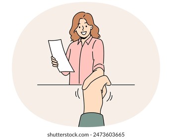 Smiling woman with resume shaking hand with job candidate after interview in office. Happy female with CV handshake applicant at workplace. Employment. Vector illustration.