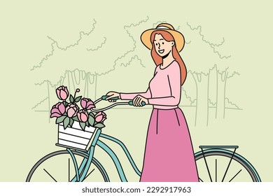 Smiling woman riding bike with flower basket in summer park. Happy girl with bicycle enjoy walk in forest in summertime. Vector illustration. 