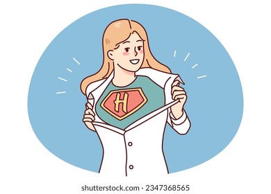 Smiling woman ripping shirt showing hero sign. Happy female demonstrate superhero abilities. Power and strength. Vector illustration.